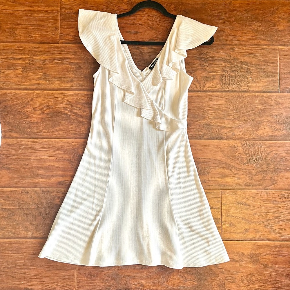 NEW Express White Ribbed Ruffle Dress